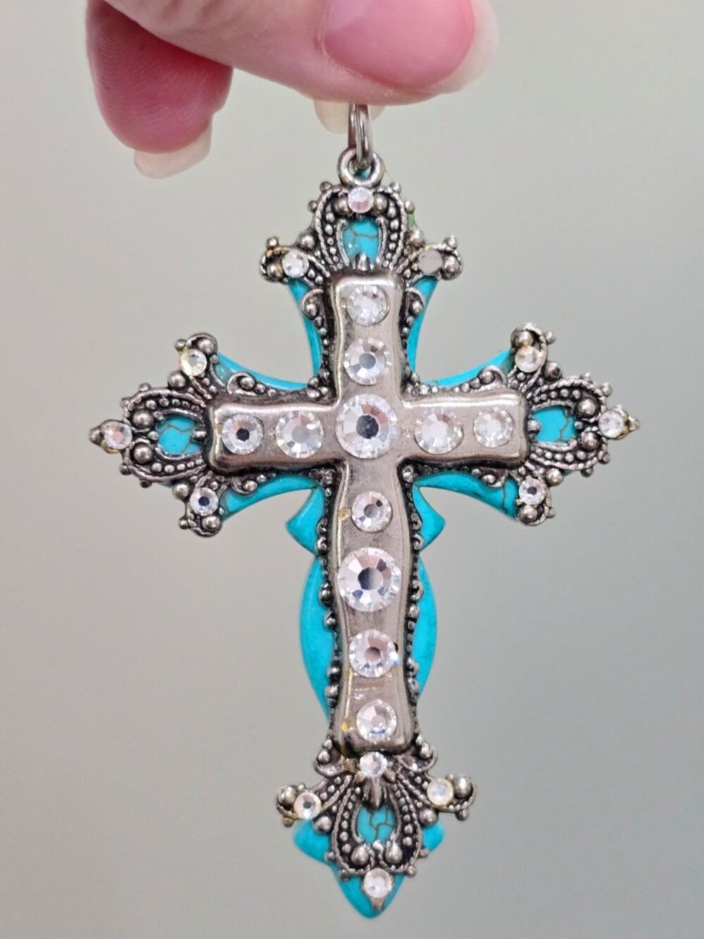 Artisan Fleur De Lis Turquoise Cross Necklace Crystal Rhinestone Gothic Alt OS